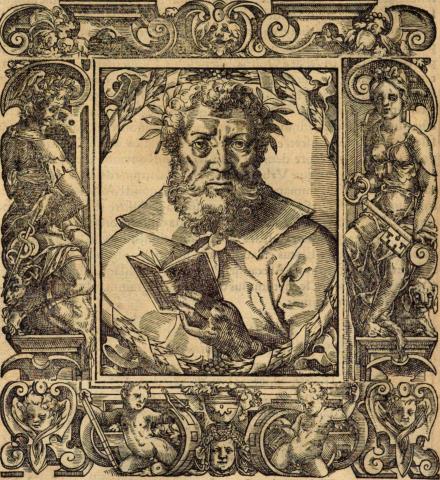 Bärtiger Mann frontal, Lorbeerkranz auf den lockigen Haaren, Buch in der linken Hand
