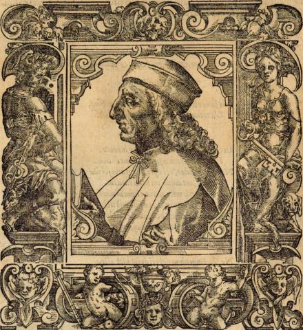 Mann mit schulterlangem, gelocktem Haar im Profil nach links, auf dem Kopf ein Barett (?), in der linken Hand ein Buch